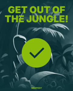 Bild von einer abstrakten Dschungel Landschaft in petrol Farben gehalten mit der Aufschrift 'Geht out of the Jungle'