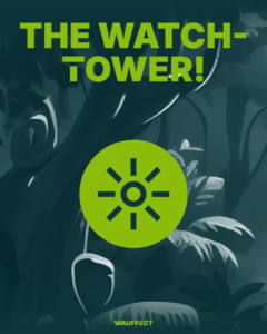 Bild von einer abstrakten Dschungel Landschaft in petrol Farben gehalten mit der Aufschrift 'The Watch-Tower'